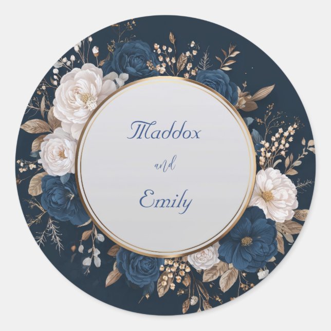 Eleganter Navy Blue & White Floral Wedding Sticker (Vorderseite)