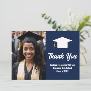 Eleganter Navy Blue White Graduate Foto Abschluss Dankeskarte