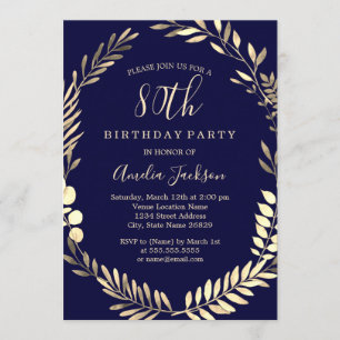 Eleganter Navy-Gold-Aquarell-Kranz 80. Geburtstag Einladung