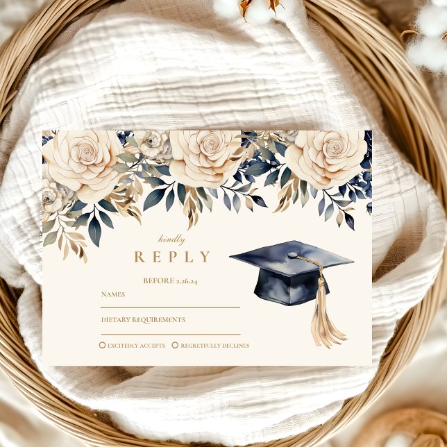 Eleganter Navy Gold Floral Abschluss RSVP Karte (Von Creator hochgeladen)