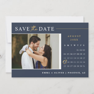 Eleganter Navy Gold Save the Date Kalender QR-Code Einladung