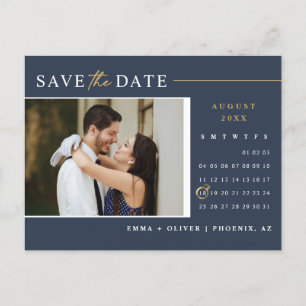 Eleganter Navy Gold Save the Date Kalender QR-Code Postkarte