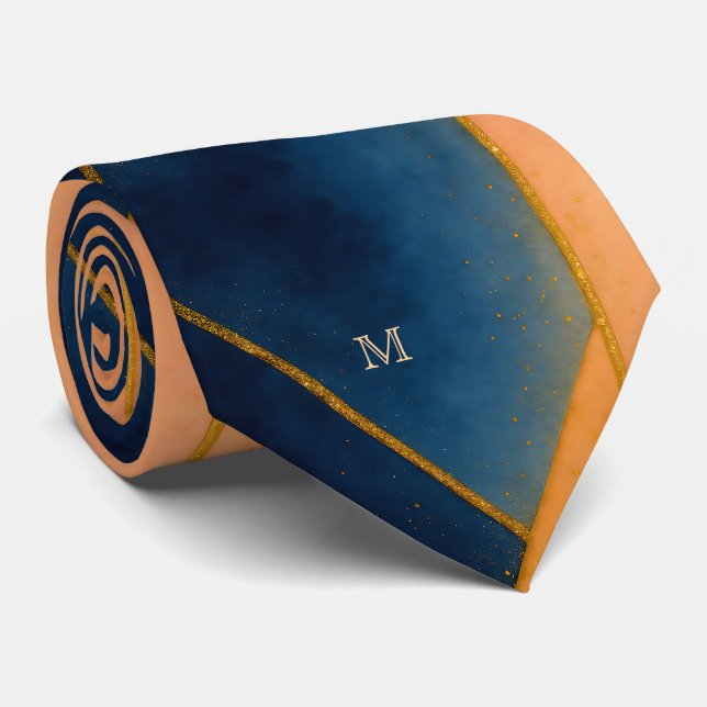Eleganter Navy Orange Gold Glitzer Accents Monogra Krawatte (Gerollt)