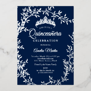 Eleganter Navy Silberblatt Kranz Quinceanera Folieneinladung