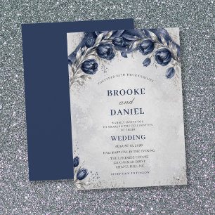 Eleganter Navy-Tulpen-Silber-Bogen-Stoff Hochzeit Einladung