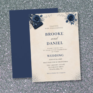 Eleganter Navy-Tulpen-Silber-Bogen-Stoff Hochzeit Einladung