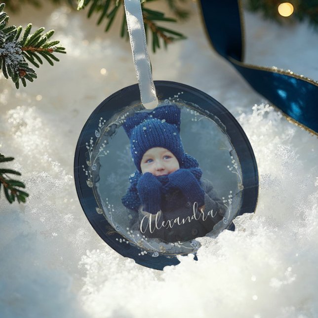 Eleganter Navy Wasserfarben Tinte & Jewels Foto Wr Ornament Aus Glas (Elegant Navy Watercolor Ink & Jewels Photo Wreath Glass Ornament)
