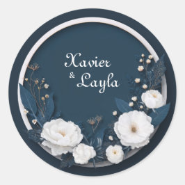 Eleganter Navy & White Bloom Round Wedding Sticker
