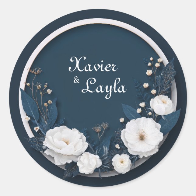 Eleganter Navy & White Bloom Round Wedding Sticker (Vorderseite)