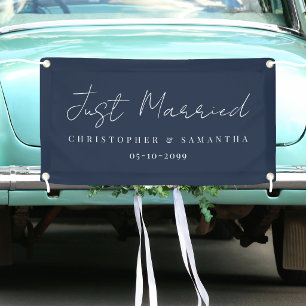 Eleganter Navyblauer Just Married Hochzeitswagen Banner