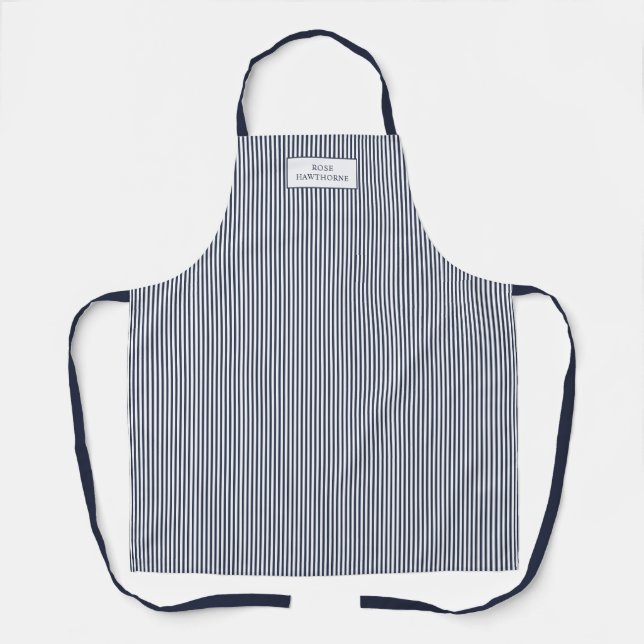 Eleganter Navyblauer Streifen Klassischer Name Schürze (Vorderseite)