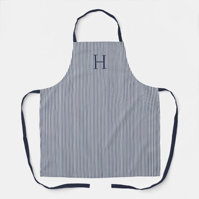 Eleganter Navyblauer Streifen Klassisches Monogram Schürze (Vorderseite)