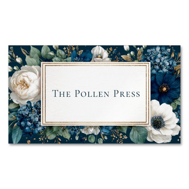 Eleganter Navyblauer Weißer Blumen- Gold-Glitter-R Magnetische Visitenkarte (Vorderseite)