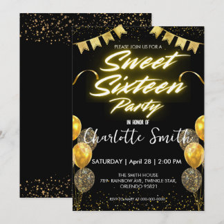 Eleganter Neon Gold Balloo Retro Sweet 16. Geburts Einladung
