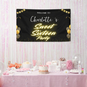 Eleganter Neon Gold Black Retro Sweet 16. Geburtst Banner