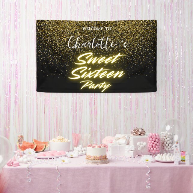 Eleganter Neon Gold Black Retro Sweet 16. Geburtst Banner (Party)