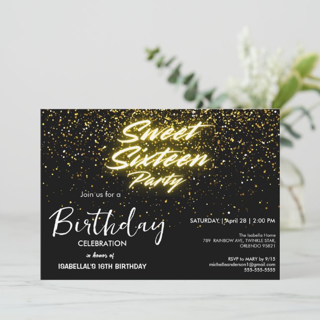 Eleganter Neon Gold Black Retro Sweet 16. Geburtst Einladung (Stehend Vorderseite)