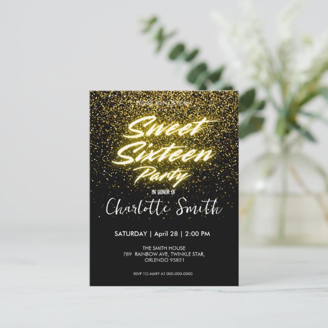 Eleganter Neon Gold Black Retro Sweet 16. Geburtst Postkarte (Stehend Vorderseite)