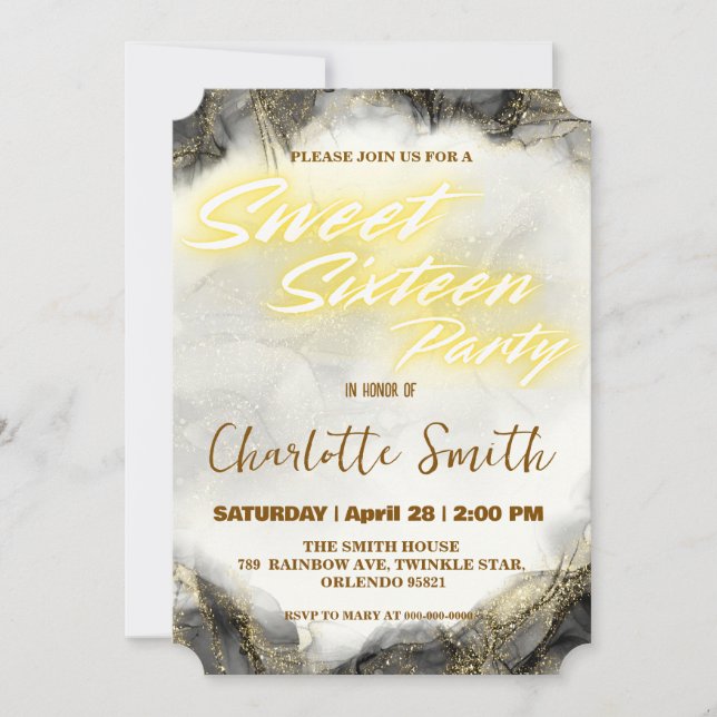 Eleganter Neon Gold rosa Marmor Sweet 16. Geburtst Einladung (Vorderseite)