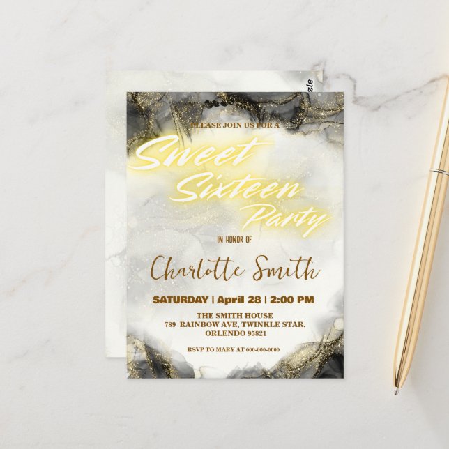 Eleganter Neon Gold rosa Marmor Sweet 16. Geburtst Postkarte (Vorderseite/Rückseite Beispiel)