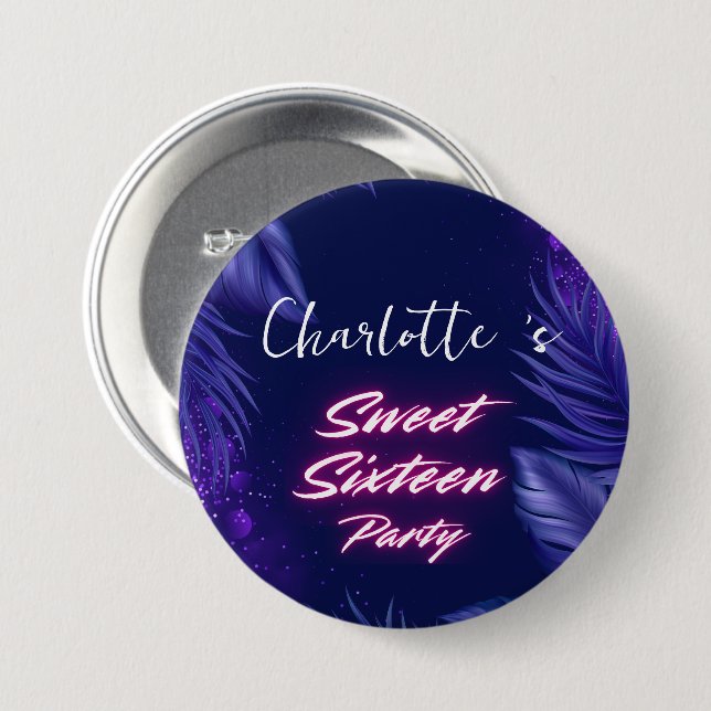 Eleganter Neon Pink Black Retro Sweet 16. Geburtst Button (Vorne & Hinten)
