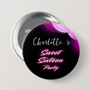 Eleganter Neon Pink Black Retro Sweet 16. Geburtst Button