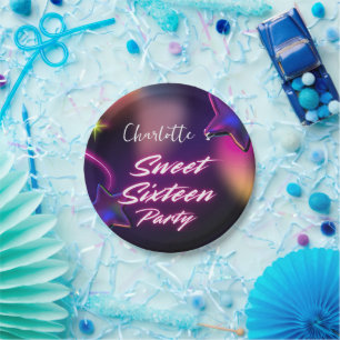 Eleganter Neon Pink Black Retro Sweet 16. Geburtst Pappteller
