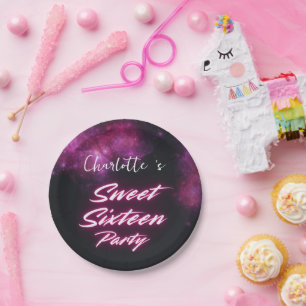 Eleganter Neon Pink Black Retro Sweet 16. Geburtst Pappteller