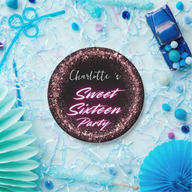 Eleganter Neon Pink Black Retro Sweet 16. Geburtst Pappteller (Party)