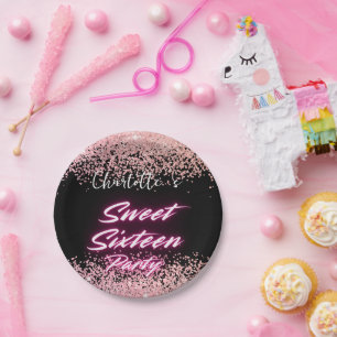 Eleganter Neon Pink Black Retro Sweet 16. Geburtst Pappteller