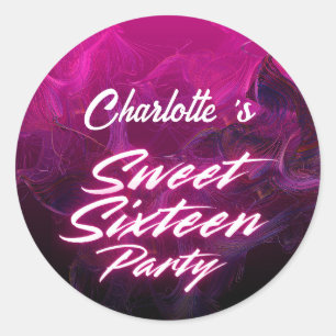 Eleganter Neon Pink Black Retro Sweet 16. Geburtst Runder Aufkleber