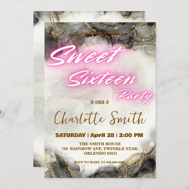 Eleganter Neon Rosa Retro Gold Sweet 16. Geburtsta (Vorne/Hinten)