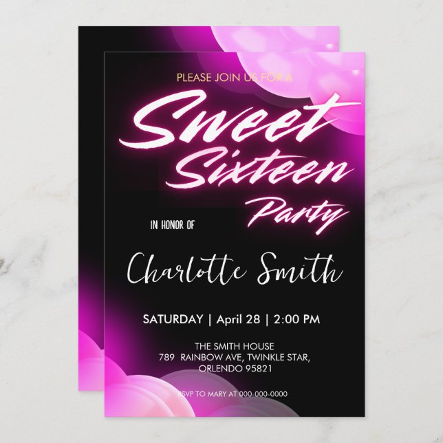 Eleganter Neon rosa Retro schwarz Sweet 16. Geburt Einladung (Vorne/Hinten)