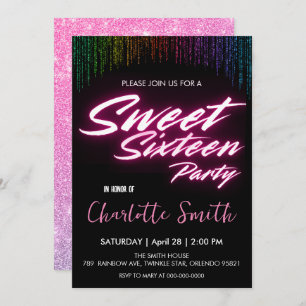 Eleganter Neon rosa Retro schwarz Sweet 16. Geburt Einladung