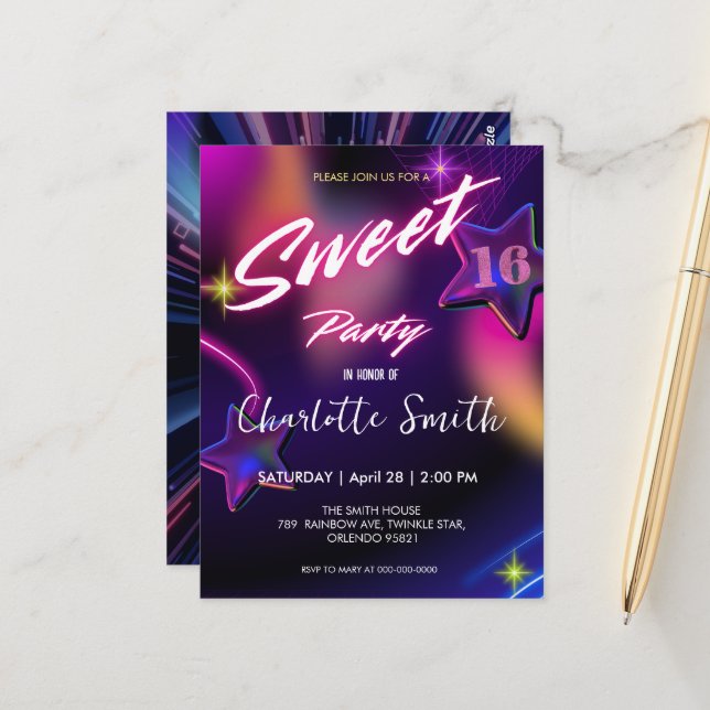 Eleganter Neon rosa Retro schwarz Sweet 16. Geburt Postkarte (Vorderseite/Rückseite Beispiel)