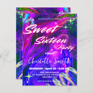 Eleganter Neon rosa Retro schwarz Sweet 16. Geburt Postkarte