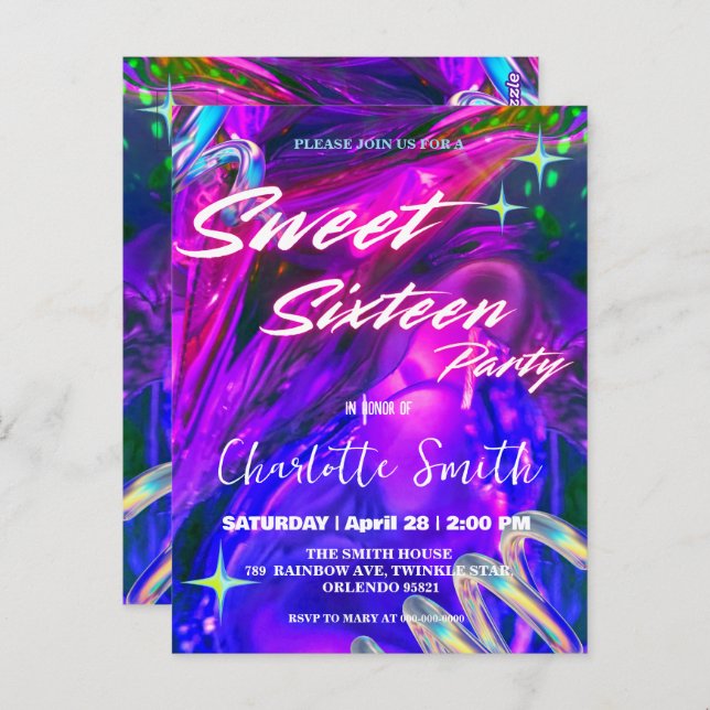 Eleganter Neon rosa Retro schwarz Sweet 16. Geburt Postkarte (Vorne/Hinten)