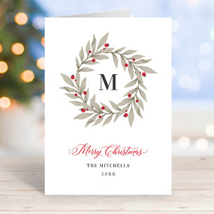 Eleganter neutraler Grünkränze-Monogramm-Weihnacht Feiertagskarte
