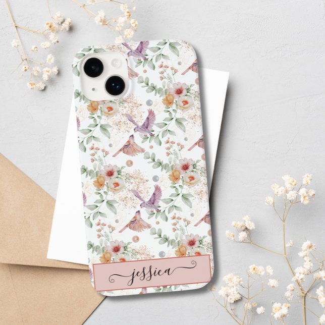 Eleganter Niedlich rosa Wildblume Bird Custom Case-Mate iPhone Hülle (Von Creator hochgeladen)