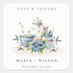 Eleganter Niedlicher Aqua Blue Floral Teapot Cup H Quadratischer Aufkleber