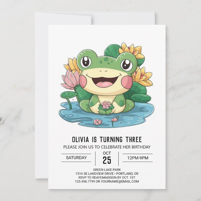 Eleganter Niedlicher Frog Digitaler Geburtstag Einladung (Vorderseite)