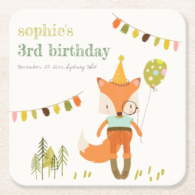 Eleganter Niedlicher Woodland Fun Party Fox Kinder Rechteckiger Pappuntersetzer (Vorderseite)