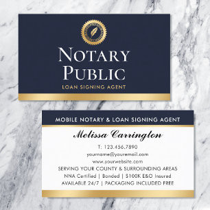 Eleganter Notar Signing Agent Gold Navy Blue Visitenkarte