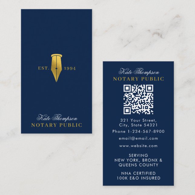 Eleganter Notar-Unterschriftsagent QR-Code Blau Go Visitenkarte (Vorne/Hinten)