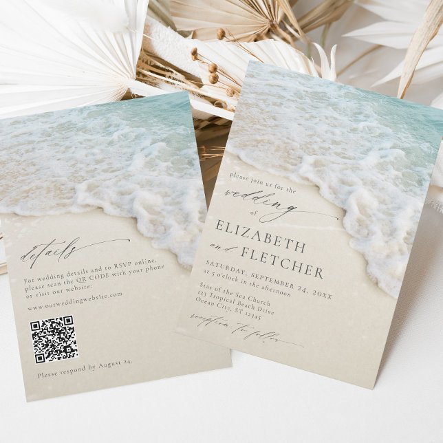 Eleganter Ocean Beach QR Code in einer Hochzeit Einladung (Von Creator hochgeladen)