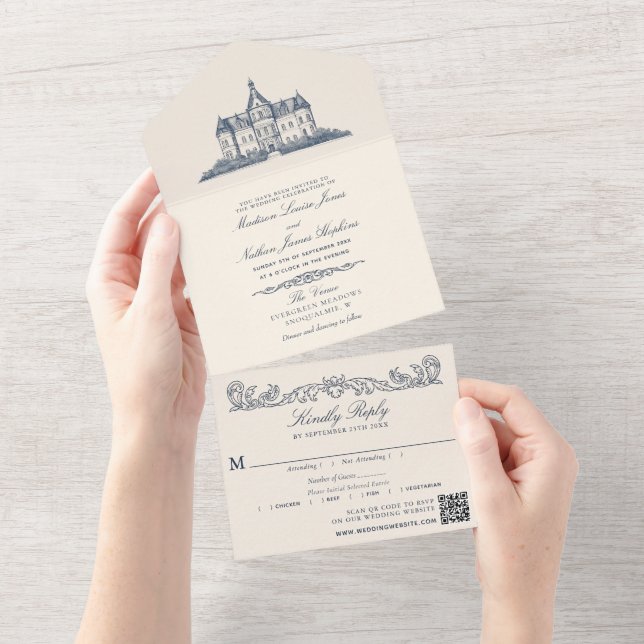 Eleganter Old Chateau Manor Wedding QR Code All In One Einladung (Abreißtisch)