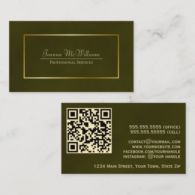 Eleganter Olive Green & Gold Beruflicher QR-Code Visitenkarte (Vorne/Hinten)