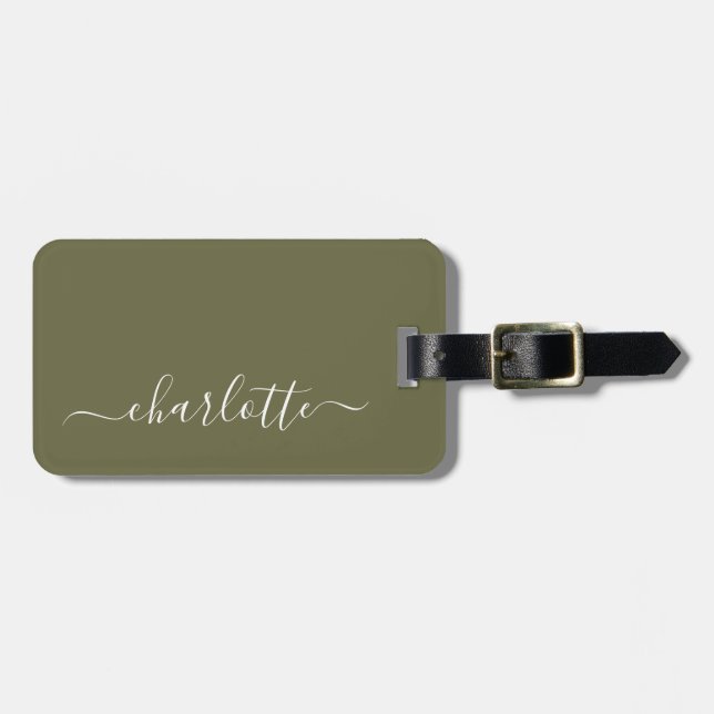Eleganter Olive Green Script Name Personalisiert   Gepäckanhänger (Vorderseite horizontal)