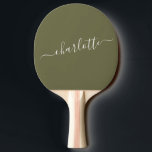 Eleganter Olive Green Script Name Personalisiert Tischtennis Schläger<br><div class="desc">Eleganter Olive Green Script Name Personalisiert Ping Pong Paddle</div>