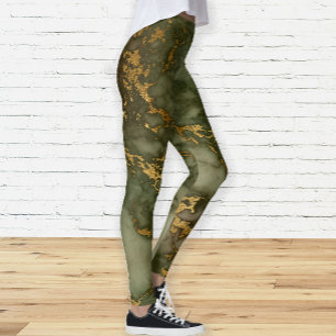 Eleganter Olive Green und Gold Marmor Leggings